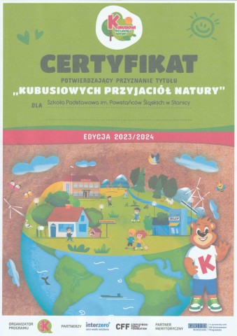 CERTYFIKAT "KUBUSIOWYCH PRZYJACIÓŁ NATURY"